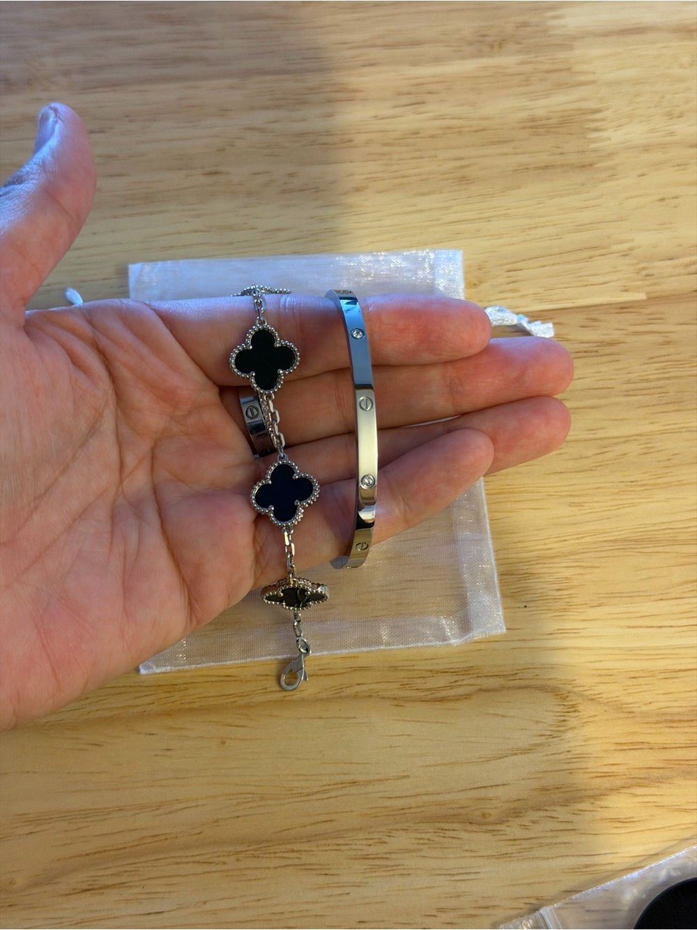 Silver-tone Black Enamel Clover Bracelet and Screw-detail Bangle